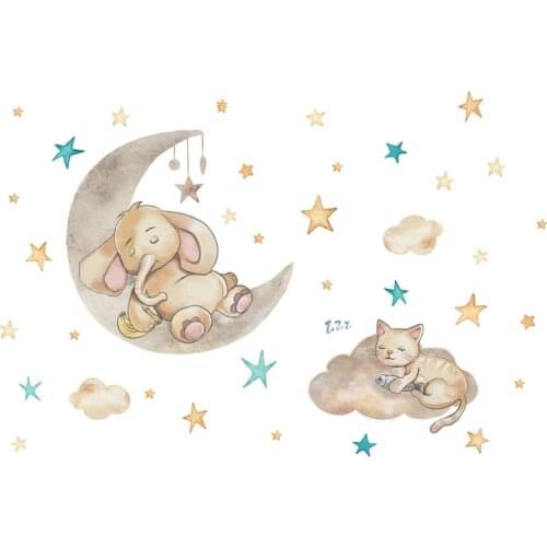 4pcs Cute Cartoon Animal Wall Sticker Decorative Wall Elephant Cat Moon Stars Paste Home Decor For Kids Bedroom