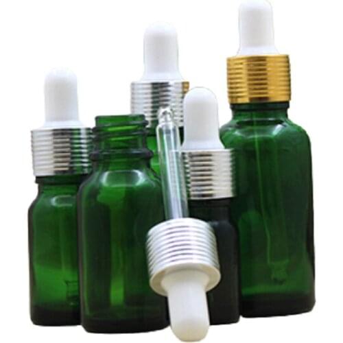 5ML 10ML 30ML 50ML 100ML New Gold Silver Ring Rubber Dropper Refillable Bottle Empty Green Glass Cosmetic Essential Oil Vials