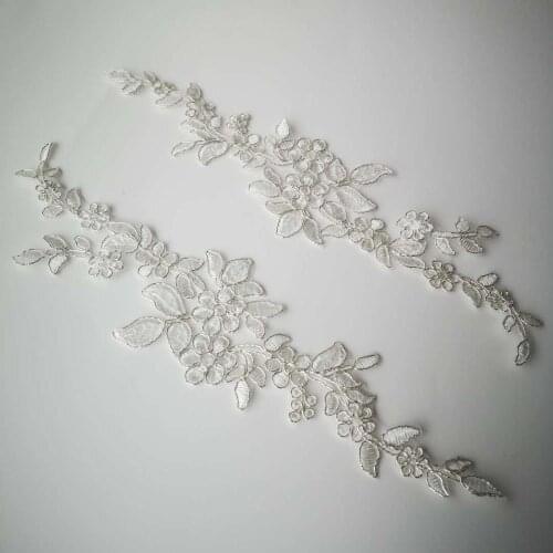 5Pcs/24X5cm Silver edge Ivory Lace Applique Patch Flower Lace Fabric For Garment Wedding Accessories Cloth DIY Craft