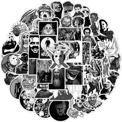 50pcs Black White Gothic Style Horror Thriller Stickers Cool Pegatina for DIY Laptop Skateboard Guitar Car Decals Sticker