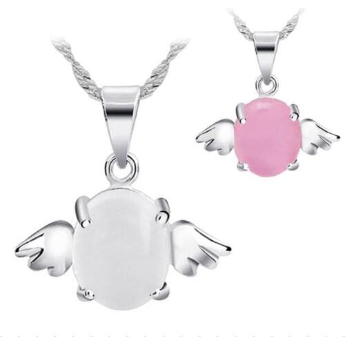 8136 925 sterling silver fashion natural opal stone angel wings ladies`pendant necklaces jewelry female short chain gift