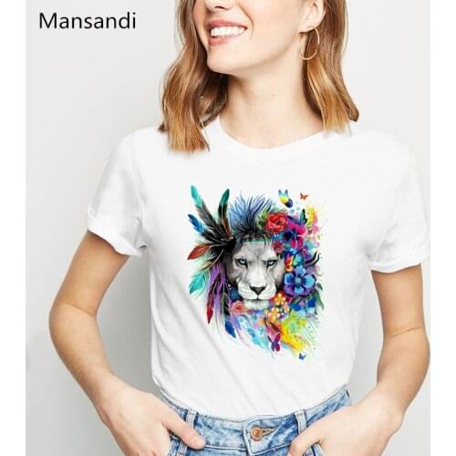 Watercolor Lion/tiger feather flowers print tshirt women funny t shirts femme harajuku kawaii clothes female t-shirt