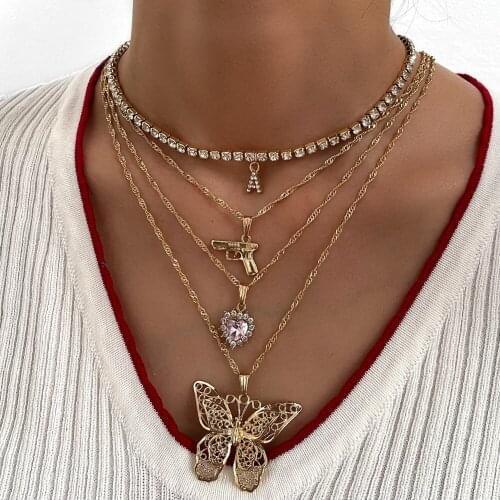 JUST FEEL Punk Gun Butterfly Pendant Necklace For Women Trendy Multilayer Heart Letter Crystal Tennis Chain Necklace Jewelry