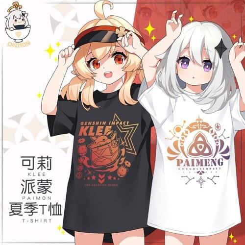 Game Genshin Impact Paimon Klee Peripheral Short Sleeve T-shirt Anime Print Summer Cotton Loose Clothes