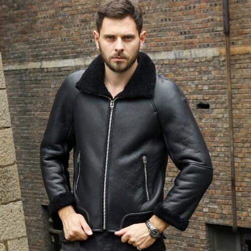 New Mens B3 Shearling Jacket Short Fur Coat Black Leather Jacket Business Casual Coat Natural Sheepskin Coat