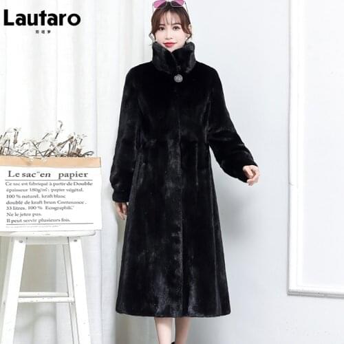 Lautaro Winter Long Black Thick Warm Fluffy Faux Mink Fur Coat Women Long Sleeve Stand Collar Stylish Casual Korean Fashion 2021