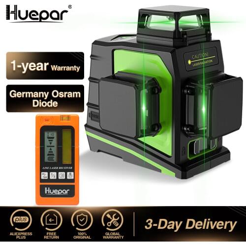 Huepar 12 Lines 3D Green Cross Line Laser Level Self-Leveling 360 Degree Vertical & Horizontal with LCD Receiver USB Charging