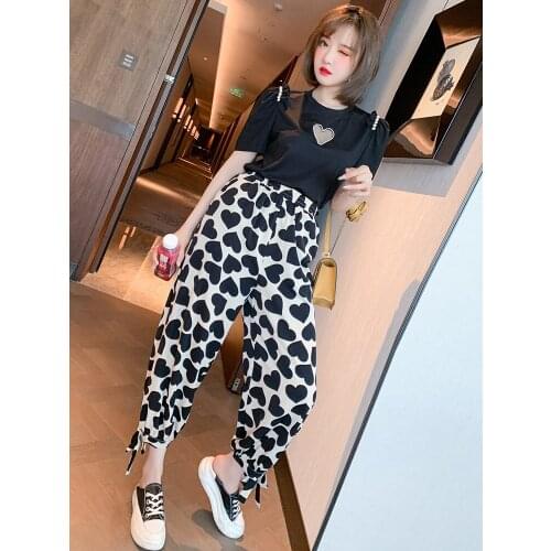 High elastic waist love printing with the new beam mouth slacks summer