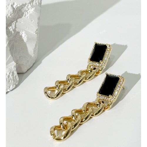 Minar Minimalist Chunky Cuban Chain Earrings for Women Black Color Stone Square Geometric Linked Drop Earrings Punk Jewelry 2021