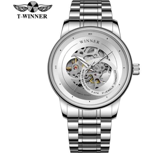 T-winne rvestidos Mens Sport Stryle Self-winding Mechanical Skeleton Luxury Analogue Dial Watch with Stainless Steel Bracelet