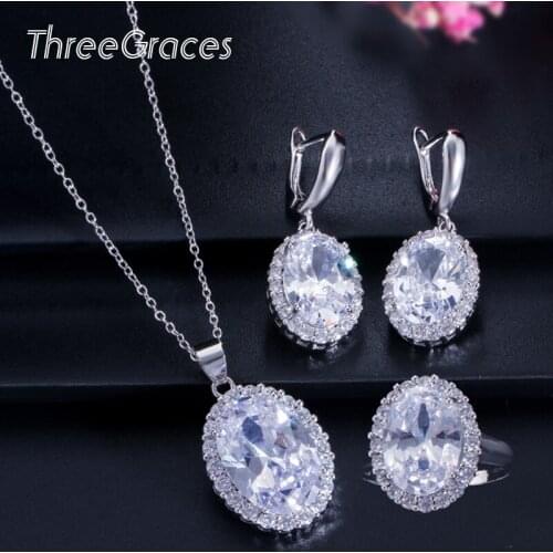 ThreeGraces Sparkling Princess Oval Shaped Cubic Zirconia Fashion Women Necklace and Earrings Ring White gold Jewelry Set JS162