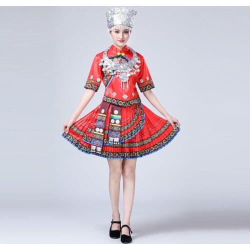 Hmong Clothes Chinese Folk Dance Stage Costumes Adult Women Top and Skirt Festival Outfit Performance Costume Miao Clothing Hat