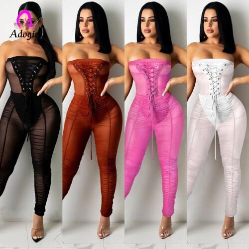Cold Shoulder Women Skinny Rompers Sexy See Through Night Club Party Jumpsuit Fitness Sheer Mesh Bandage One Piece Activewear