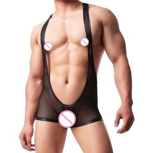 Sexy Men Undershirt Mesh See Through Bodysuit Men Jumpsuit Overalls Gay Wrestling Singlet One-piece Leotard Boxer Shorts Pajamas
