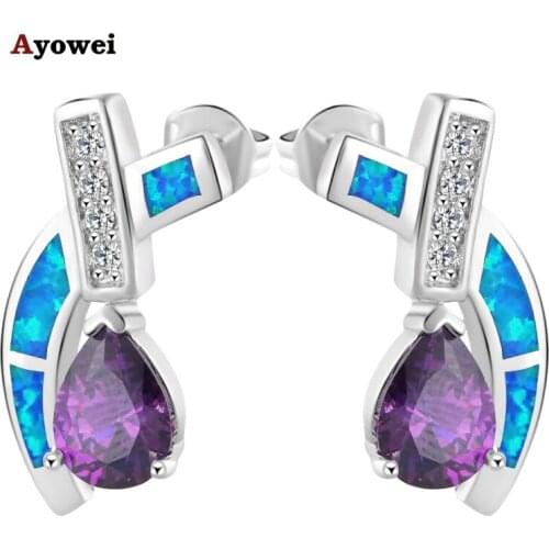 New Style AAA Zirconia Purple Crystal Blue Fire Opal Silver Stamped Stud Earrings Fashion Jewelry Opal Jewelry OE256A