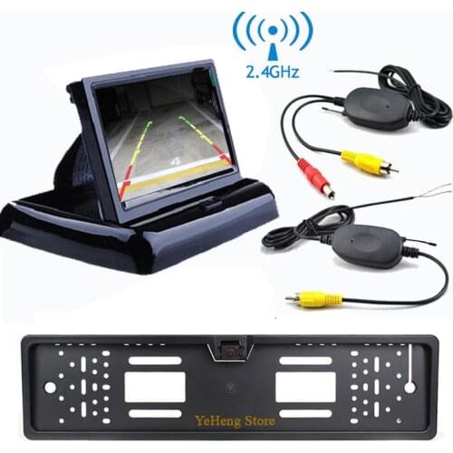 YeHeng Store 4.3" Foldable TFT LCD Monitor 2.4Ghz Wireless Car Reverse Back Up 4 IR NightVision License Plate Frame Camera Kit