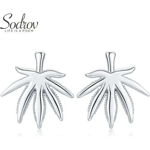 SODROV Natural Plant Jewelry Maple Leaf Stud Earring for Women 925 Sterling Silver Jewelry