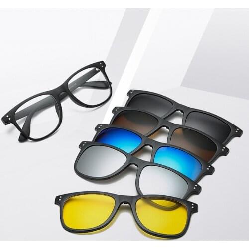 5 In 1 Polarized Sunglasses Men Magnetic Clip on Square Spectacles Frame Driving Fishing Sun Glasses Women UV Protection Optical