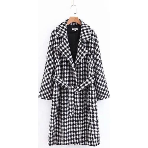 Pop Women Winter Houndstooth Print Trench Female Fashion Autumn Warm Coat Feminine Adjustable Waist Slim abrigos mujer invierno