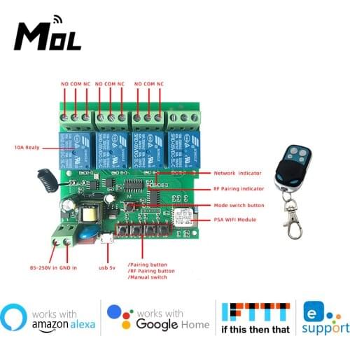 EWeLink Smart Remote Control Wifi wireless Switch Module 4CH DC5V 7-32V Inching Self-locking RF Receive 10A Relays
