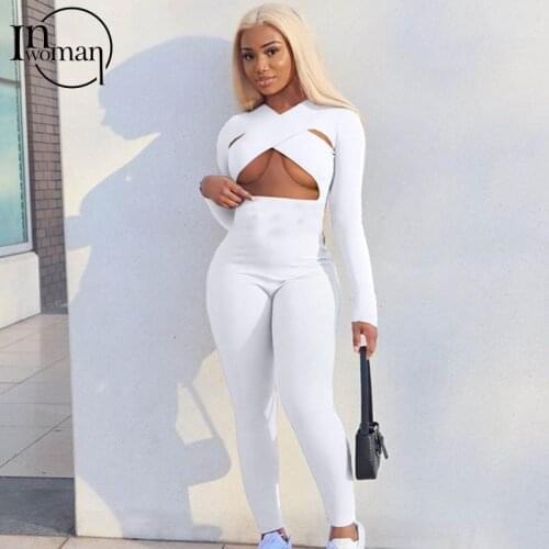 Inwoman One Piece Outfits White Black Jumpsuit Women Summer 2021 Long Sleeve Bandage Pink Gery Sexy Club Bodycon Ladies Jumpsuit