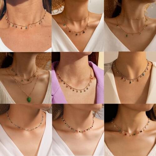 HuaTang 9 Style Boho Colorful Crystal Bead Pendant Necklace for Women Handmade Charming Clavicle Chain Choker Female Jewelry