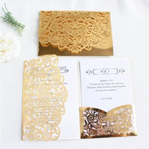 Gold laser cut wedding invitations light reflecting tri-folding pocket flower customized printing birthday invitation card