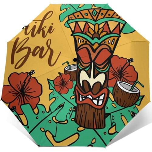 Wind Resistant Fully-Automatic Umbrella Tiki Mask Beach Flowers Coconut Rain 3 Folding Parasol Travel Car Umbrella