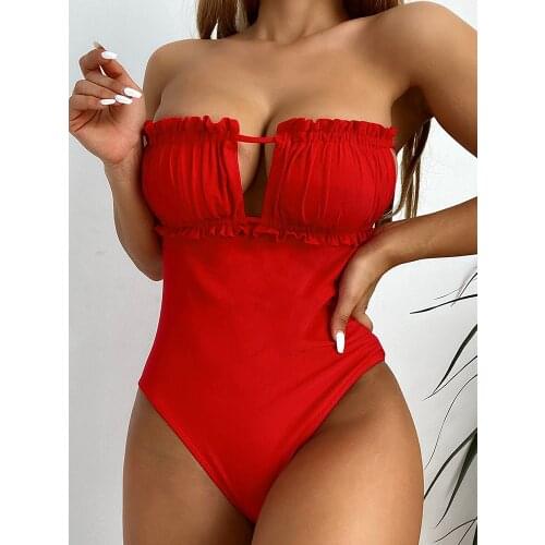 ZTVitality Red One Piece 2021 Hot Sale Padded Bra Ruffles Hollow Out Sexy Swimsuit Bandage Swimwear Women Bathing Suit Monokini
