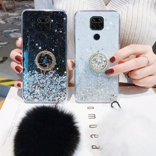 Glitter Case For Xiaomi Redmi Note 9 Pro Cases Bling Ring Holder Cover Xiaomi Redmi Note 9S 9Pro Note9 Stand Cover With Hairball