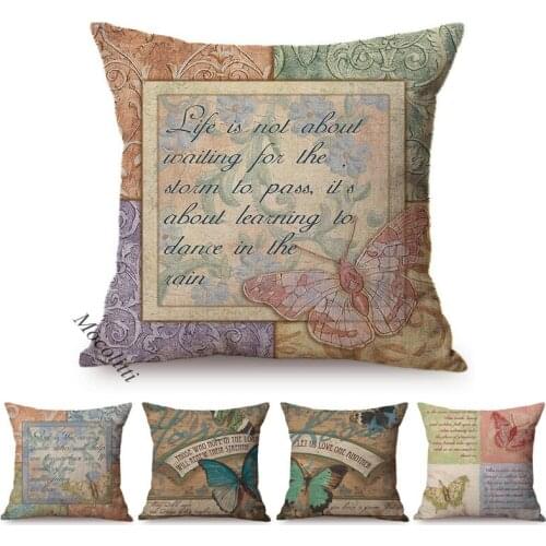 Spring Butterfly Vintage Style Pillows Case Letter Poster Design Cotton Linen Luxury Decoration Sofa Chair Cushion Cover Cojines