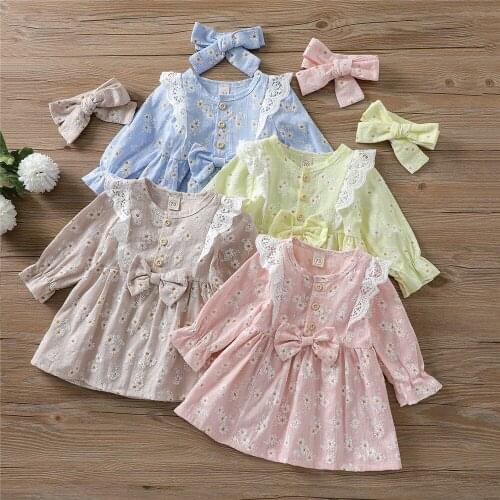 2021 Baby Girl Long Sleeve Soft Lace Ruffle Floral Daisy Print Dress With Bow Headband Cute Toddler Kid Spring Autumn Clothing