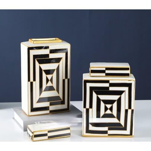Ceramics Square Storage Tank Vase Geometric Pattern with Cover Marbling Handicraft Display Storage Organization Home Decoration