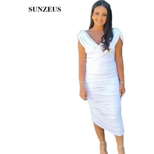 Sheath Cocktail Dresses Pleats Tea-Length Evening Party Dresses Cap Sleeve V Neck Prom Dresses sukienka koktajlowa