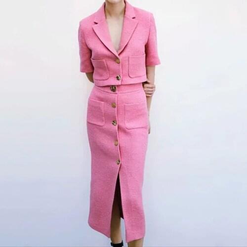 XIKOM 2021 Summer Women Pink Sweet Two-Piece Set Pockets Single Breasted Top Female Vintage Zipper Slim Ladies Mid-Calf Skirt