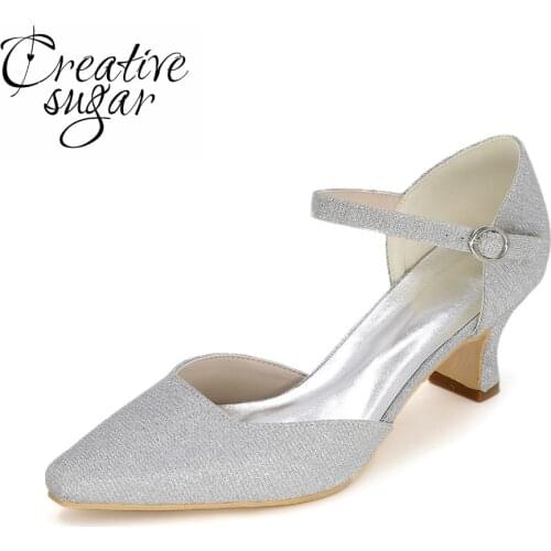 Creativesugar Fashion woman pointed toe D'orsay glitter low medium heel shoes wedding party prom cocktail heels silver gold red