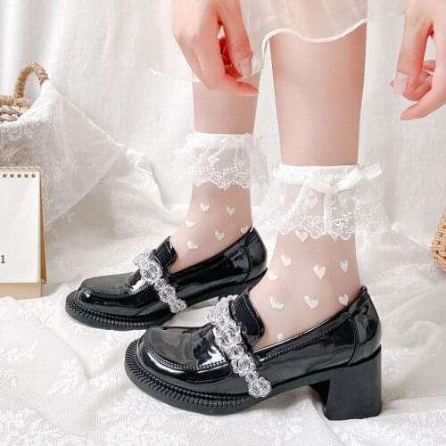 Fashion Women Ultrathin Transparent Socks Crystal Glass Silk Socks Beautiful Lolita Lace Elastic Lace Ruffle Short Socks