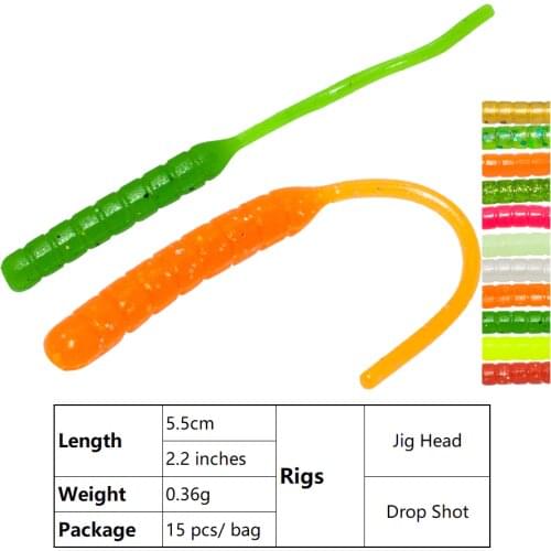 Soft Lures Micro-jig Slug Worm Leech Pike Perch Bait 55mm 0.36g 15pcs Dropshot Spinning Jig Head Shad Fly Fishing Bait