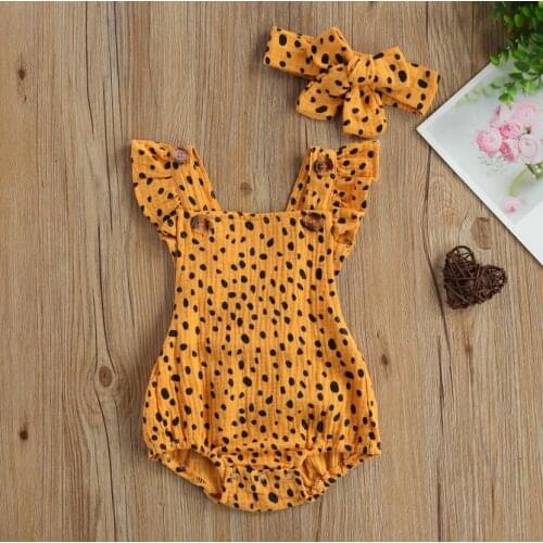Toddler Baby Girls Summer Outfit Polka Dot Square Neck Sleeveless Ruffled Romper Headband 0-24 Months