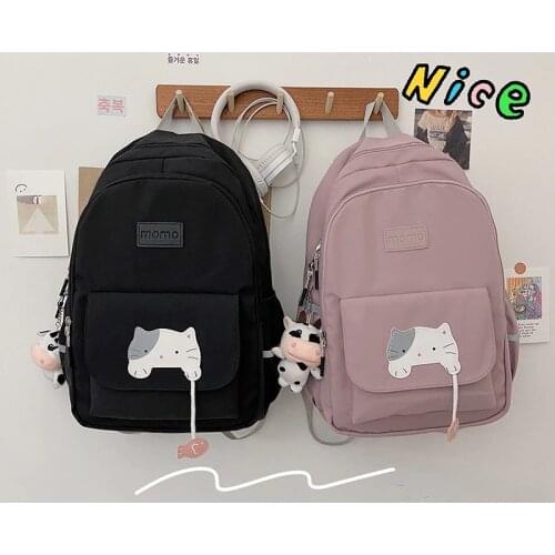 Japanese Solid Color Fashion Womens Backpack Large Capacity Nylon Waterproof School Bags Cartoon Print Travel School Backpack