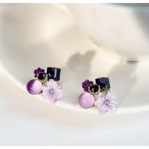 925 Silver Needle Earrings For Women Purple Crystal Petal Ear Studs Sweet Temperamental Shell Rose Earrings New Fashion Jewelry