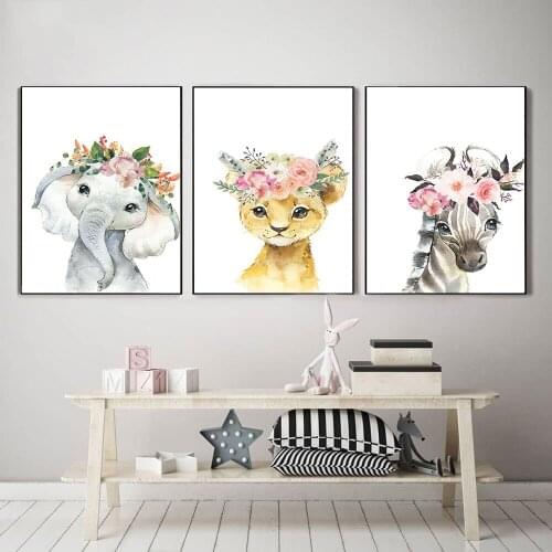 Nordic Poster Canvas Cartoon Animals Wearing Flowers On Head Nursery Painting Art Print Wall Picture Living Kids Room Home Decor