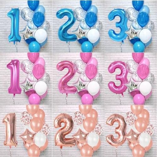 12pcs 1st Birthday Party Blue/Pink/rose gold Number Foil Latex Balloons Kids Birthday Party Decoration baby shower Boy Girl Deco