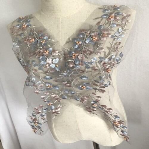 SASKIA Beaded Patches Flower Mesh Embroidered Fabrics Applique African Lace Material Sew On Wedding Dress Clothes Patch Diy GREY