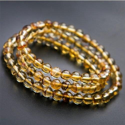 Genuine Natural Yellow Citrine Quartz Bracelet For Women Female Crystal Round Bead Stretch Three Laps Bracelet AAAAA 5mm 6mm