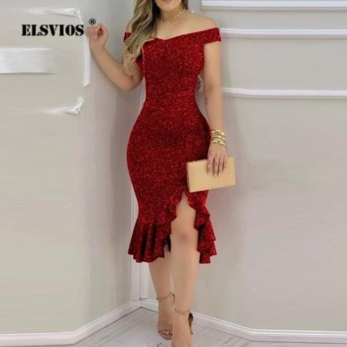 Elegant Ruffle Dress Sexy One Word Collar Slim Bodycon Mermaid Skirt Dusting Beading Gold Powder Shine Plaid Women Party Dresses