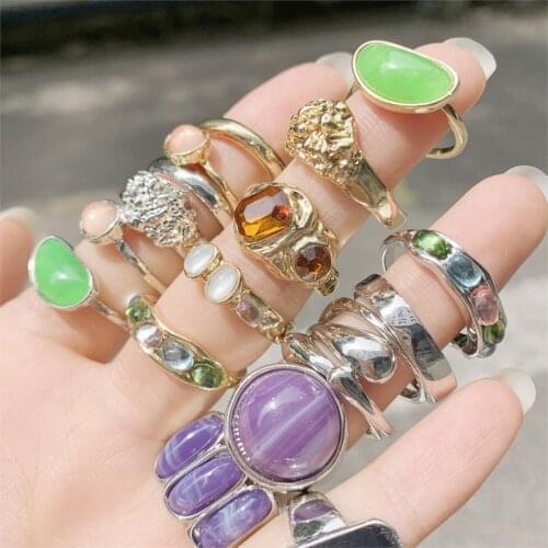 6pcs/set 2021 New Korea Colorful Stone Rhinestone Metal Chain Trendy Geometry Hit Rings Set for Women Girls Jewelry Gifts