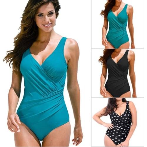 Black Bikini Large Size Solid Color Women One Piece Surplice Swimsuit Women Plus Size Retro Swimwear Wholesale New Arrival