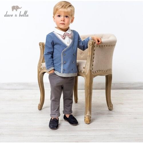 DB17689 dave bella spring baby boys casual removable bow clothing sets kids fashion long sleeve sets children 2 pcs suit