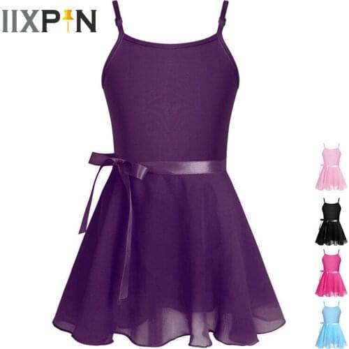 Kids Girls Ballet Dance Gymnastics Leotard Spaghetti Shoulder Straps Leotard with Chiffon Tied Tutu Skirt Dance Ballet Dresses